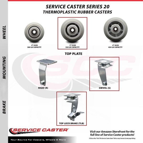 Service Caster 5 Inch Thermoplastic Rubber Caster Set with Ball Bearings 2 Brakes 2 Rigid SCC-20S520-TPRBF-TLB-2-R-2 - main